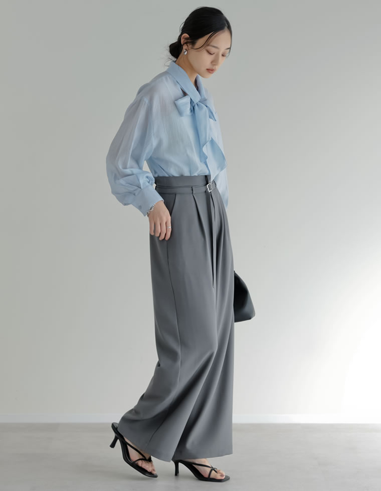 ツイル細ベルト付ハイウエストワイドパンツ