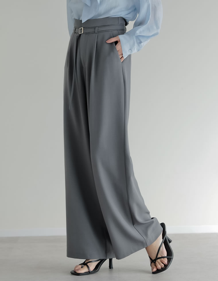 ツイル細ベルト付ハイウエストワイドパンツ