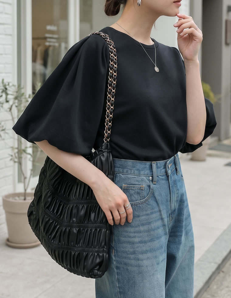 マシュマロポンチ半袖バルーン袖トップス