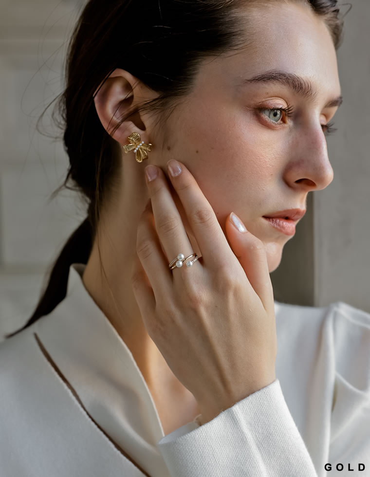 メタル×フェイクプチパールリボンピアス