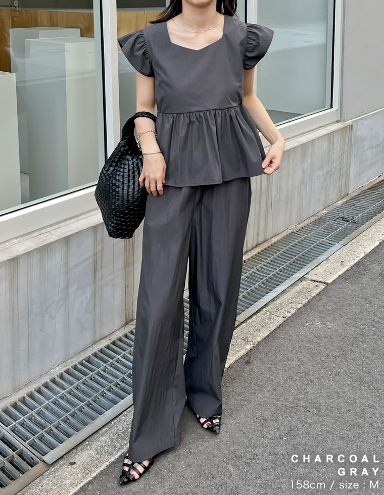 フリルスリーブトップス×パンツセット