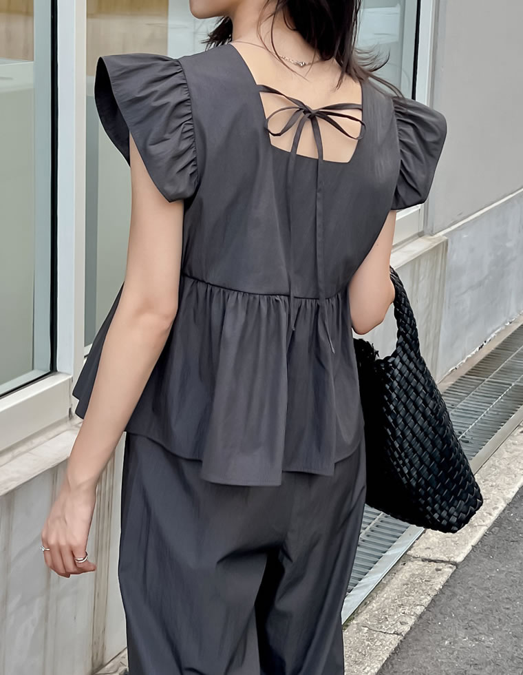 フリルスリーブトップス×パンツセット