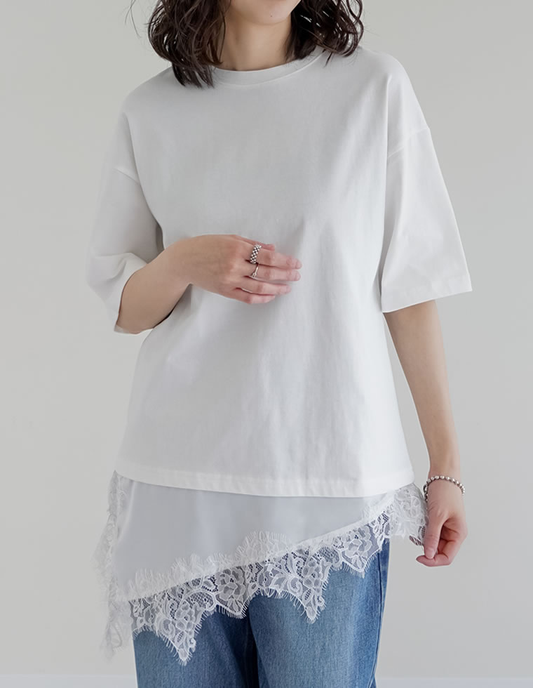 裾サテンレースレイヤード風Tシャツ