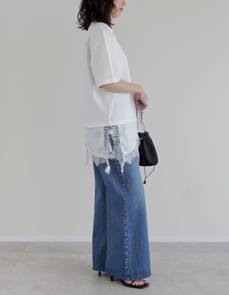 裾サテンレースレイヤード風Tシャツ