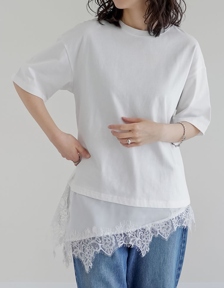 裾サテンレースレイヤード風Tシャツ