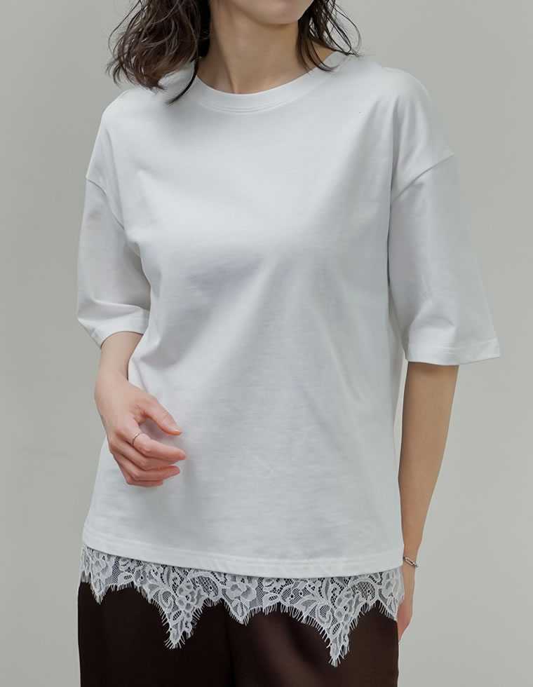 裾レースレイヤード風半袖Tシャツ