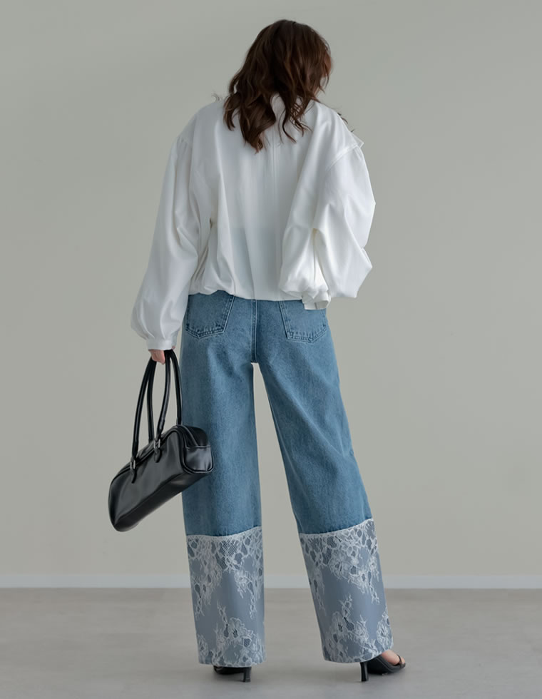 裾レースデザインストレートデニム