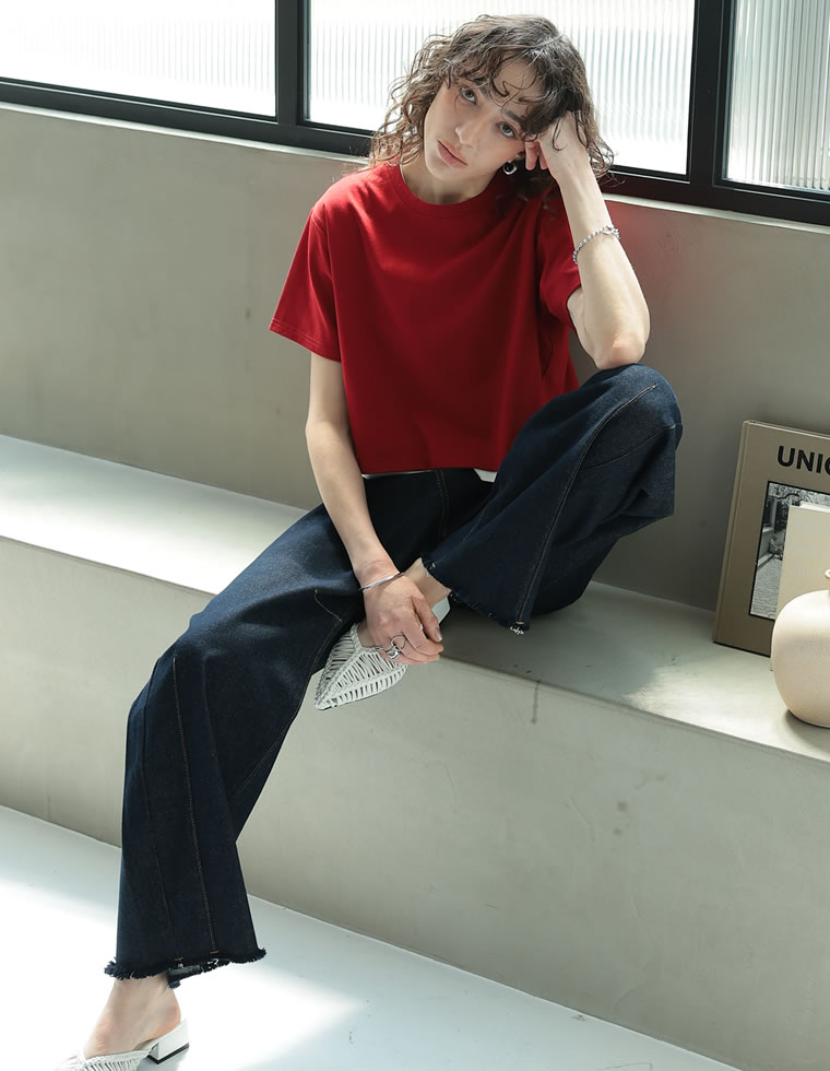 セミクロップド半袖Tシャツ