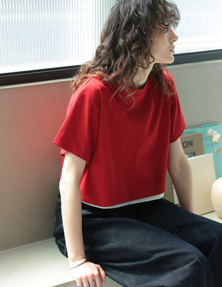 セミクロップド半袖Tシャツ