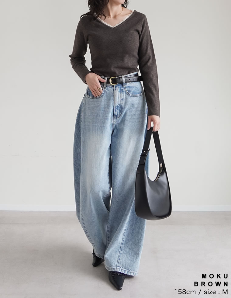 レースレイヤード風Vネックニットトップス