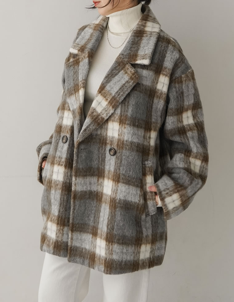 フェイクウールシャギーチェックコート