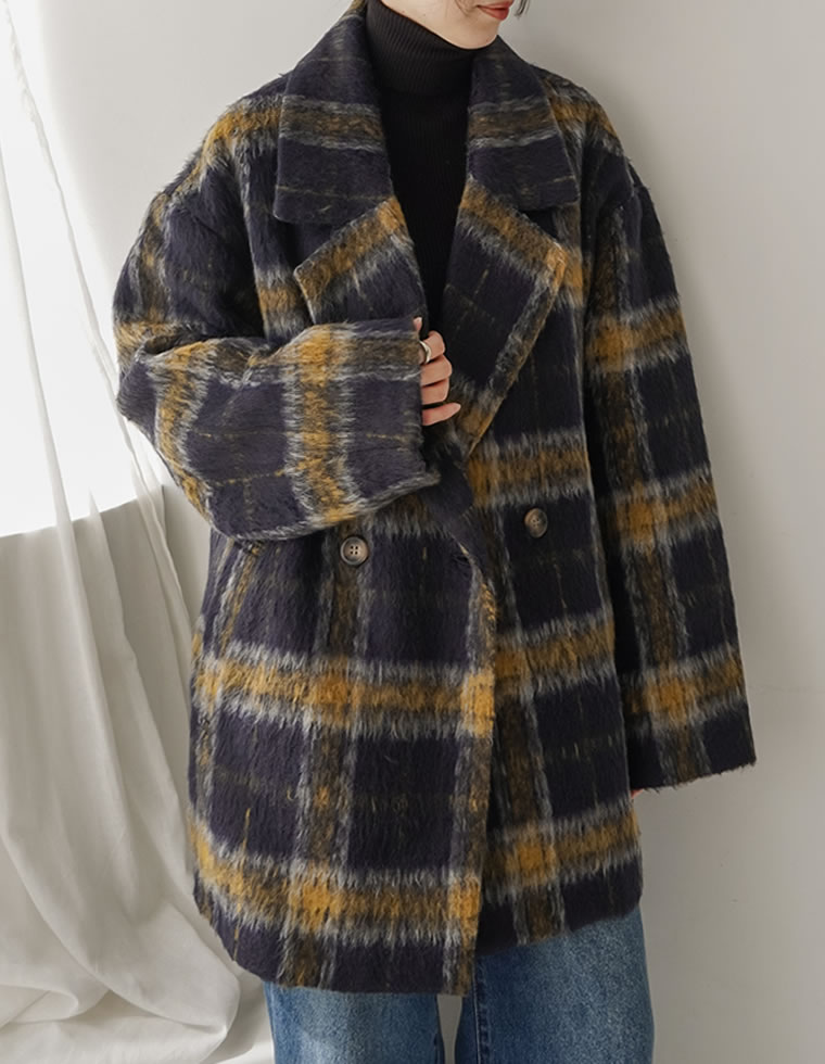 フェイクウールシャギーチェックコート