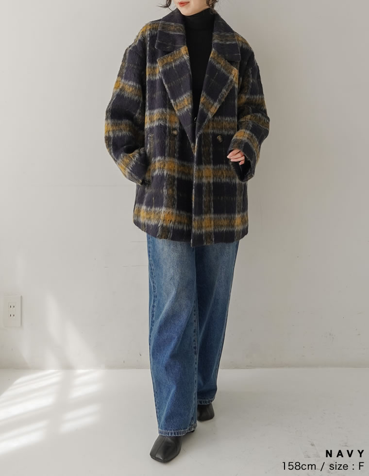 フェイクウールシャギーチェックコート