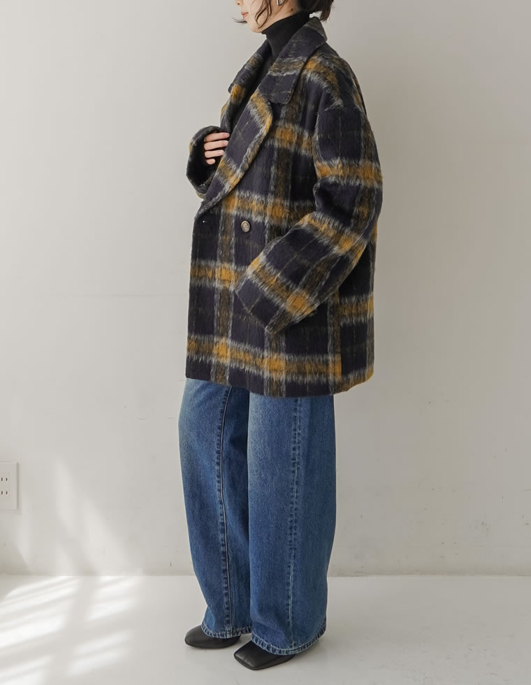 フェイクウールシャギーチェックコート