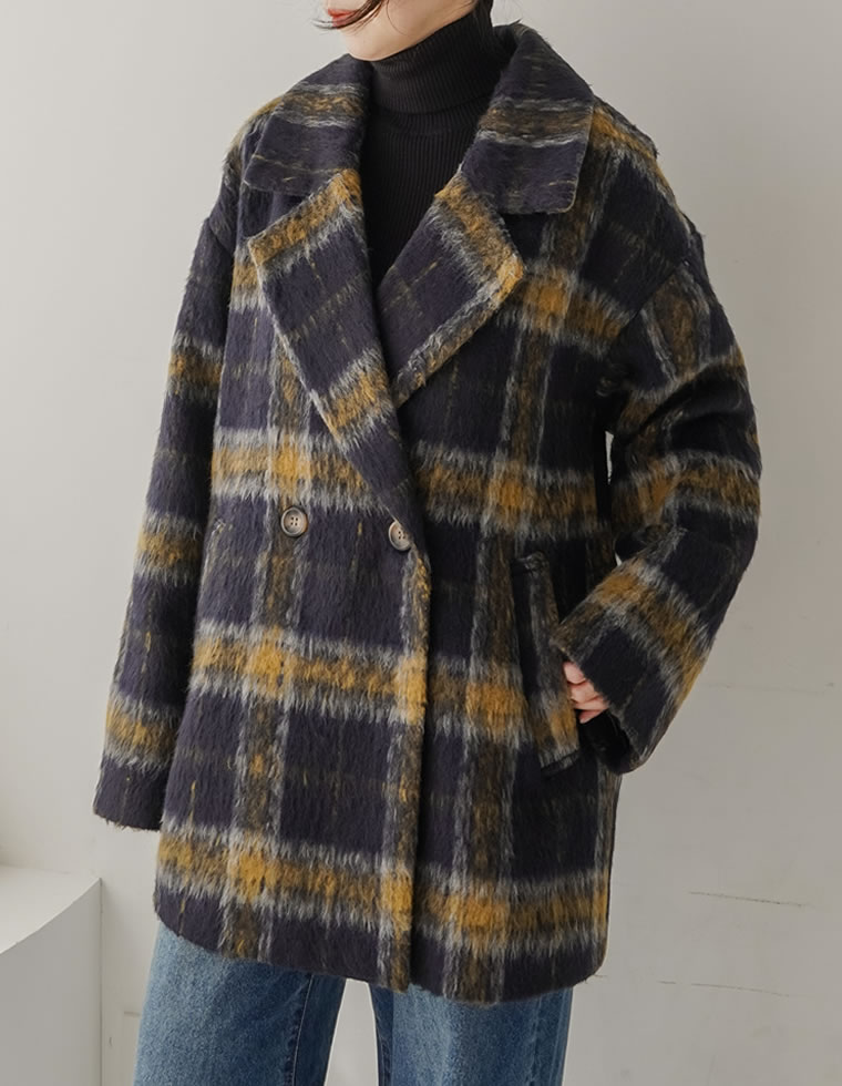 フェイクウールシャギーチェックコート