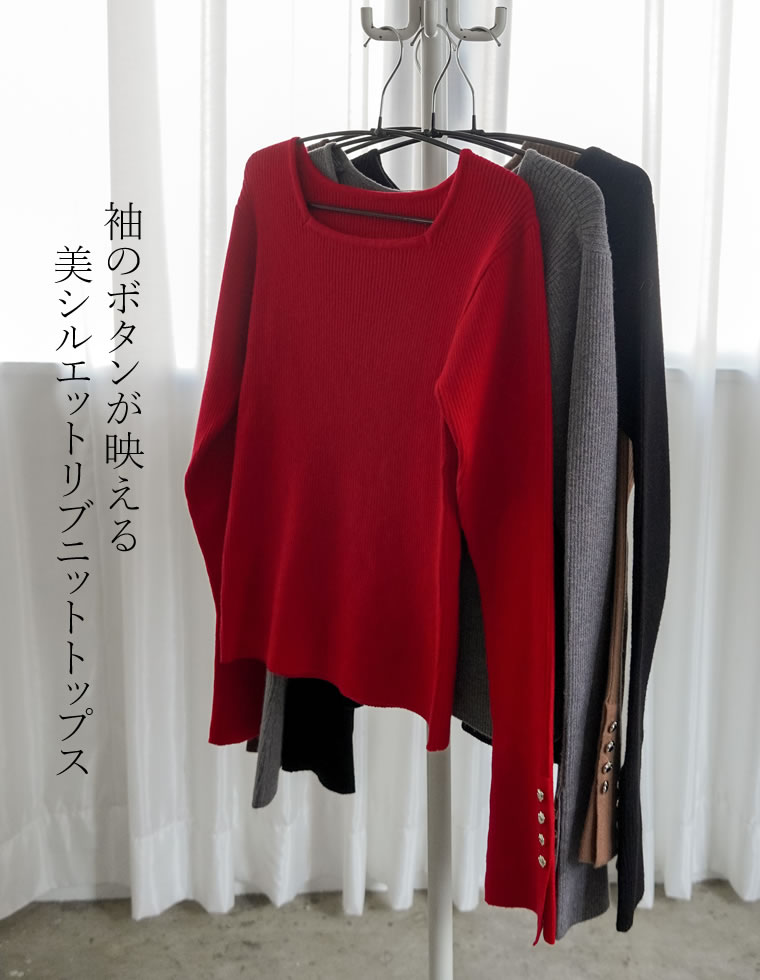 袖ニュアンスボタンコンパクトリブニット