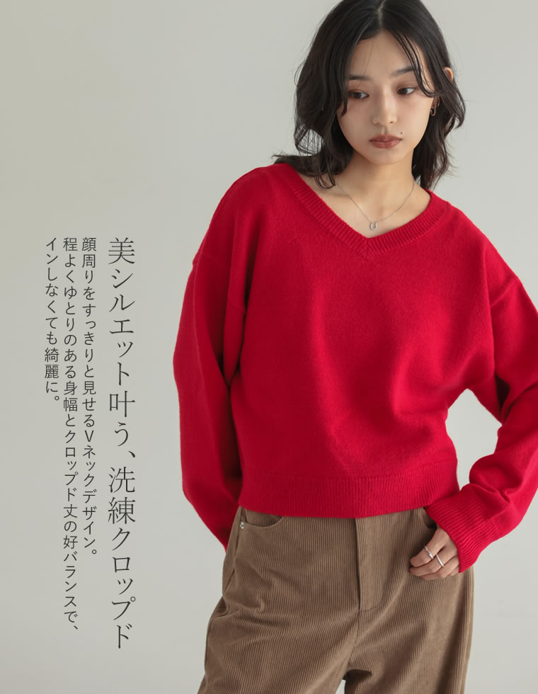アルパカタッチクロップド丈Vネックニット