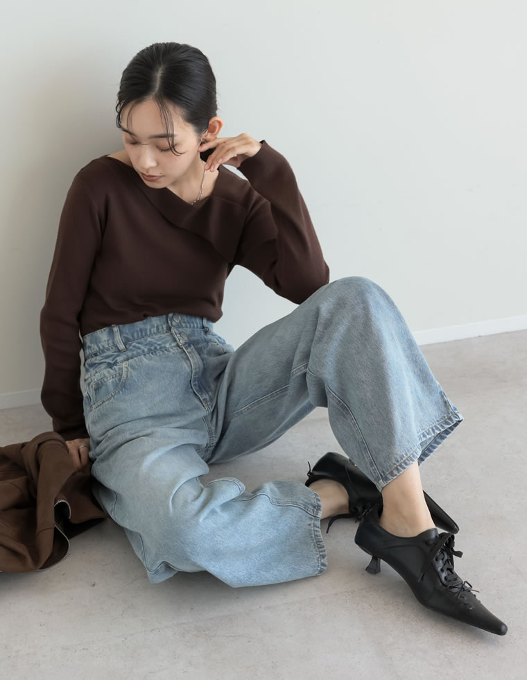 ダブルウエストワイドストレートデニム